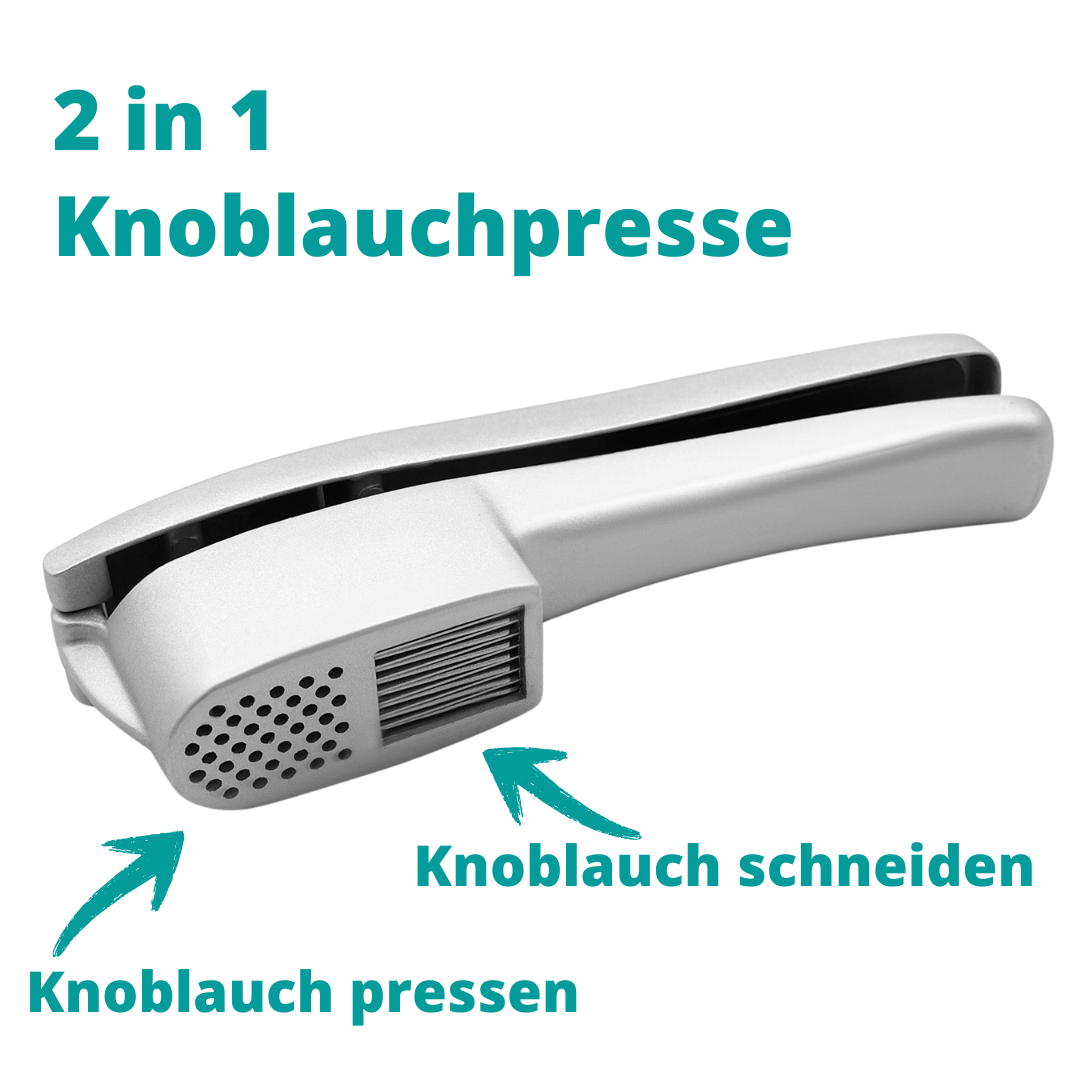Knoblauchpresse in Silber, Vorteile erklärt. 2 in 1 Variante zum pressen von Knoblauch, als auch zum schneiden von Knoblauch in dünnen Scheiben.