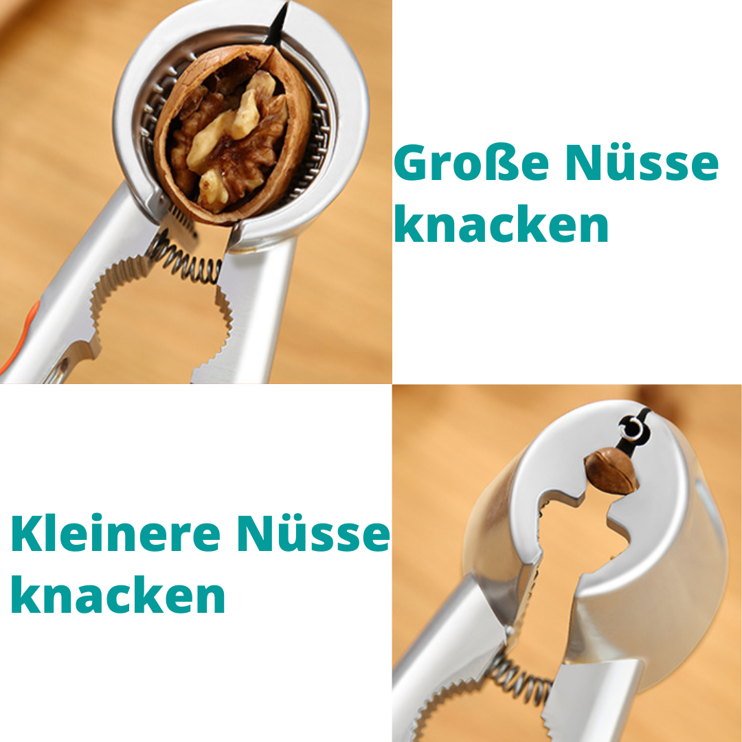 Nussknacker mit zwei Öffnungen. Eine große Öffnung für Walnüsse und andere  große Nüsse. Eine kleine Öffnung für Haselnüsse oder ähnliche kleine Nüsse.