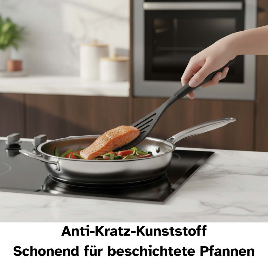 Pfannenwender aus anti-Kratz-Kunststoff wendet Fisch in beschichteter Pfanne – schonend für empfindliche Oberflächen.