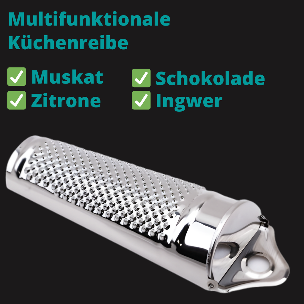 Multifunktionale Küchenreibe mit aufgeführten Anwendungsgebieten: Muskat, Zitrone, Schokolade, Ingwer