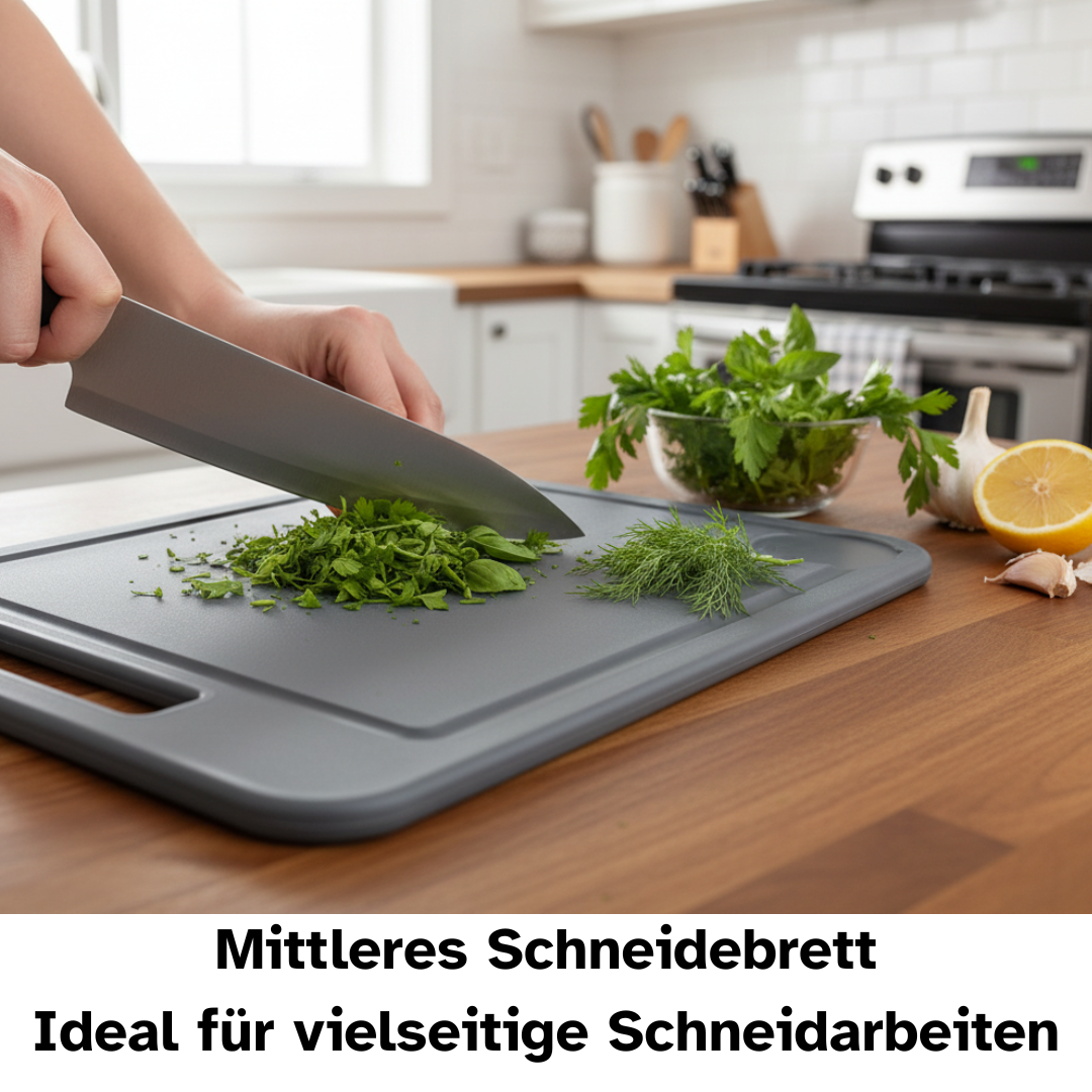 Schneidebrett 34,5 x 24,5 cm im Einsatz beim schneiden von Kräutern.