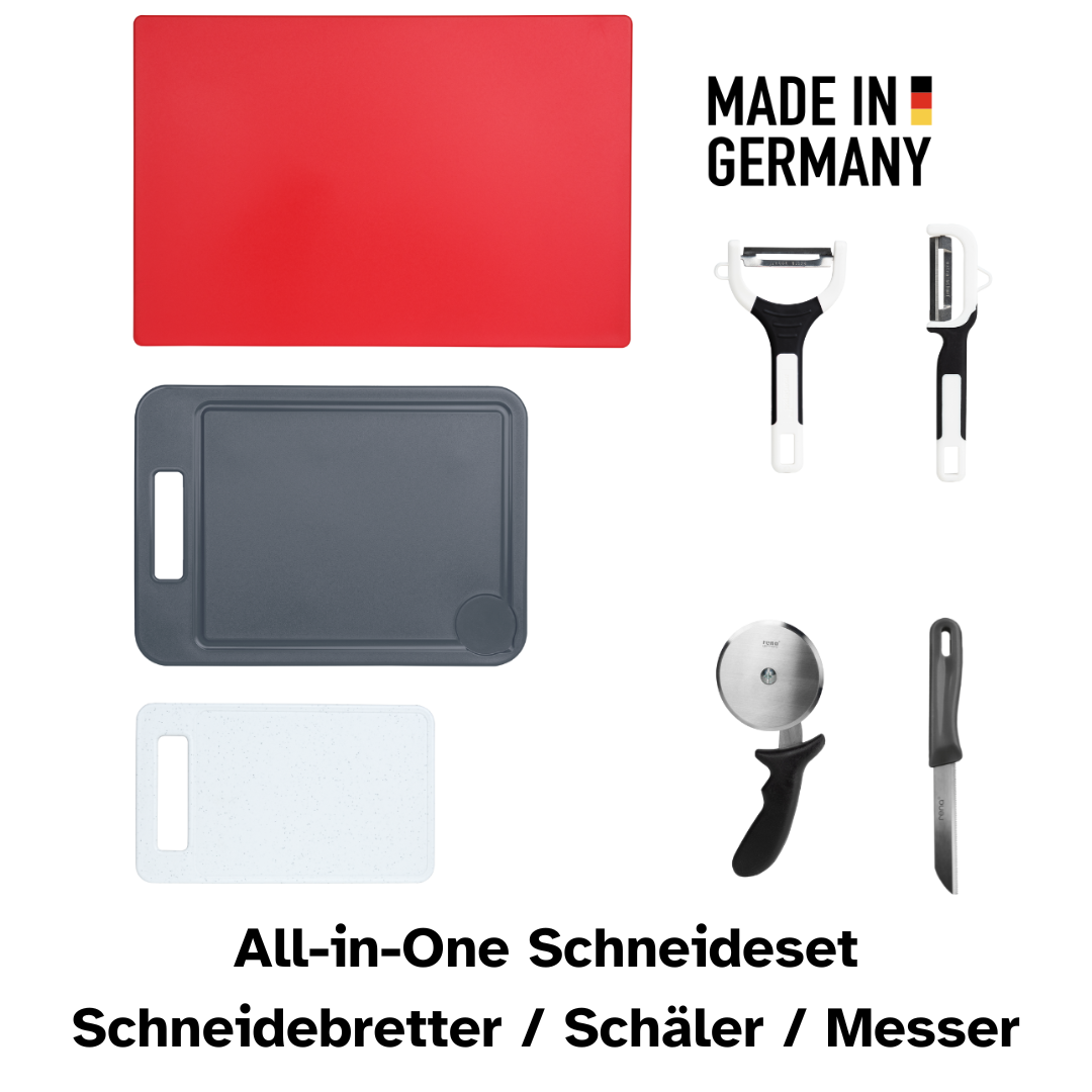 Premium Schneide-Set | 7-Teilig | Schäler, Schneider & Schneidebrett | Gemüsemesser