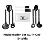 10-Teiliges Premium Küchenhelfer Set All in one vor weißem Hintergrund. Bestehend aus Schneidebrett, Teigschaber Silikon, Silikonbackpinsel,
Suppenkelle, Pfannenwender, Kochlöffel, Schaumlöffel, Spaghettilöffel,
Servierlöffel und Querschäler.