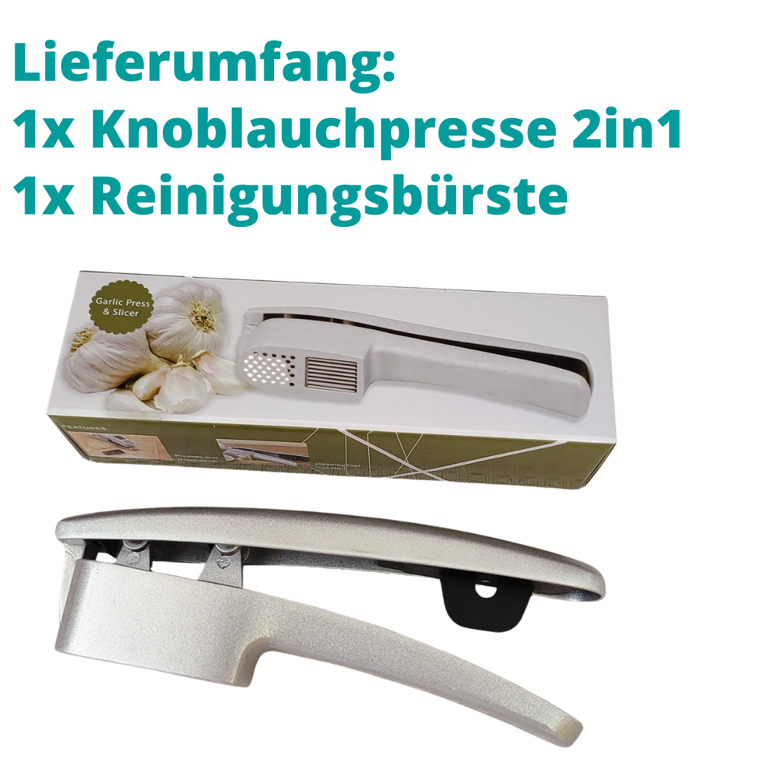 Lieferumfang: Knoblauchpresse in Silber und eine kleine Reinigungsbürste.