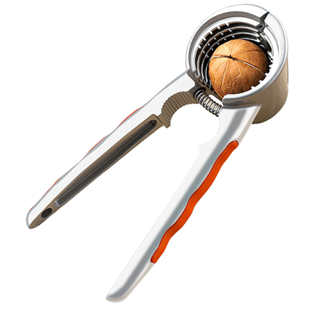 Nussknacker in Silber mir orangen Griffen. Im Nussknacker befindet sich eine Walnuss.