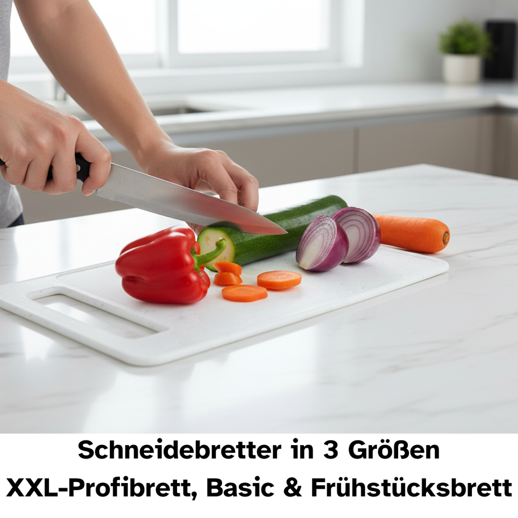 Schneidebrett, im Set sind 3 Größen enthalten. XXL-Profibrett, Basic- und Frühstücksbrett.