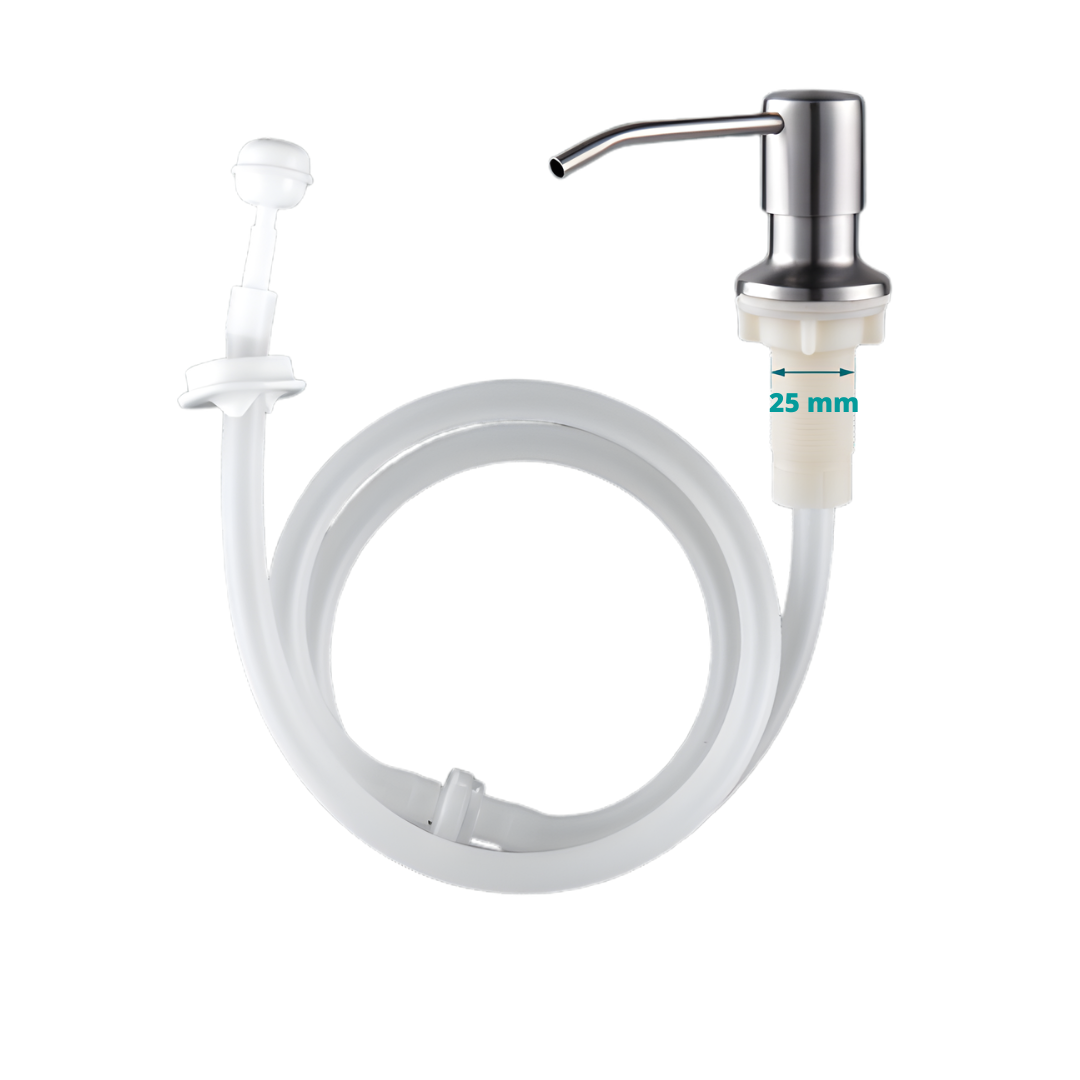 Spülmittelspender mit Silikonschlauch für Lochdurchmesser 25 – 40 mm geeignet. 