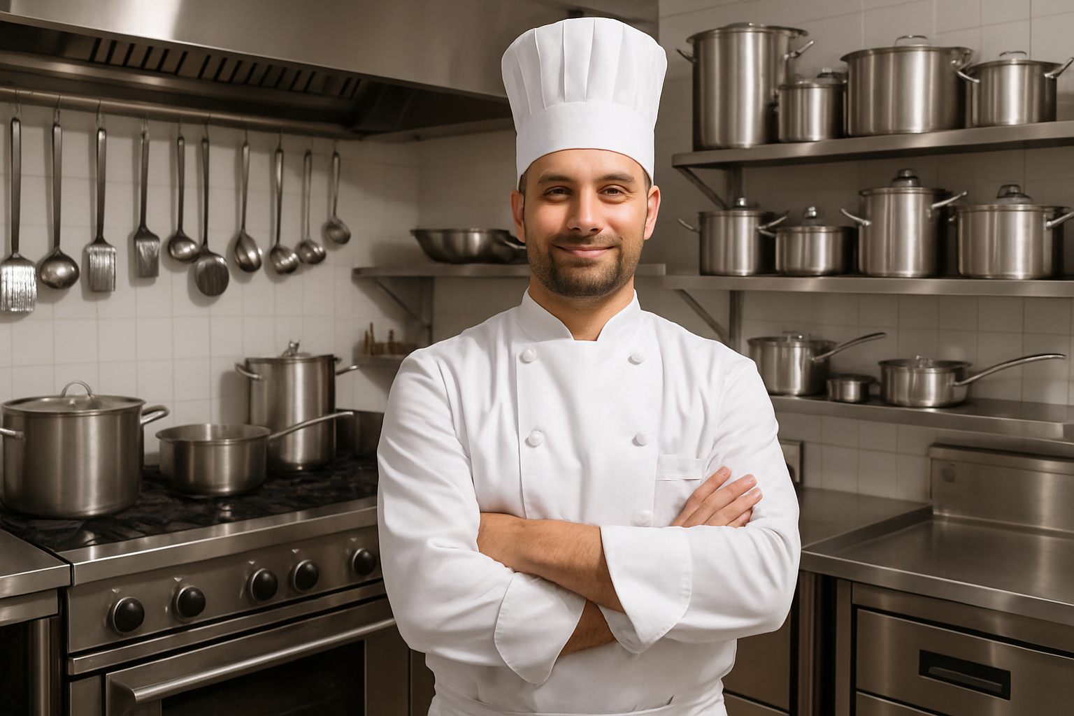 A kitchen in which a Chef's standing, behind him a lot of stainless steel cooking products