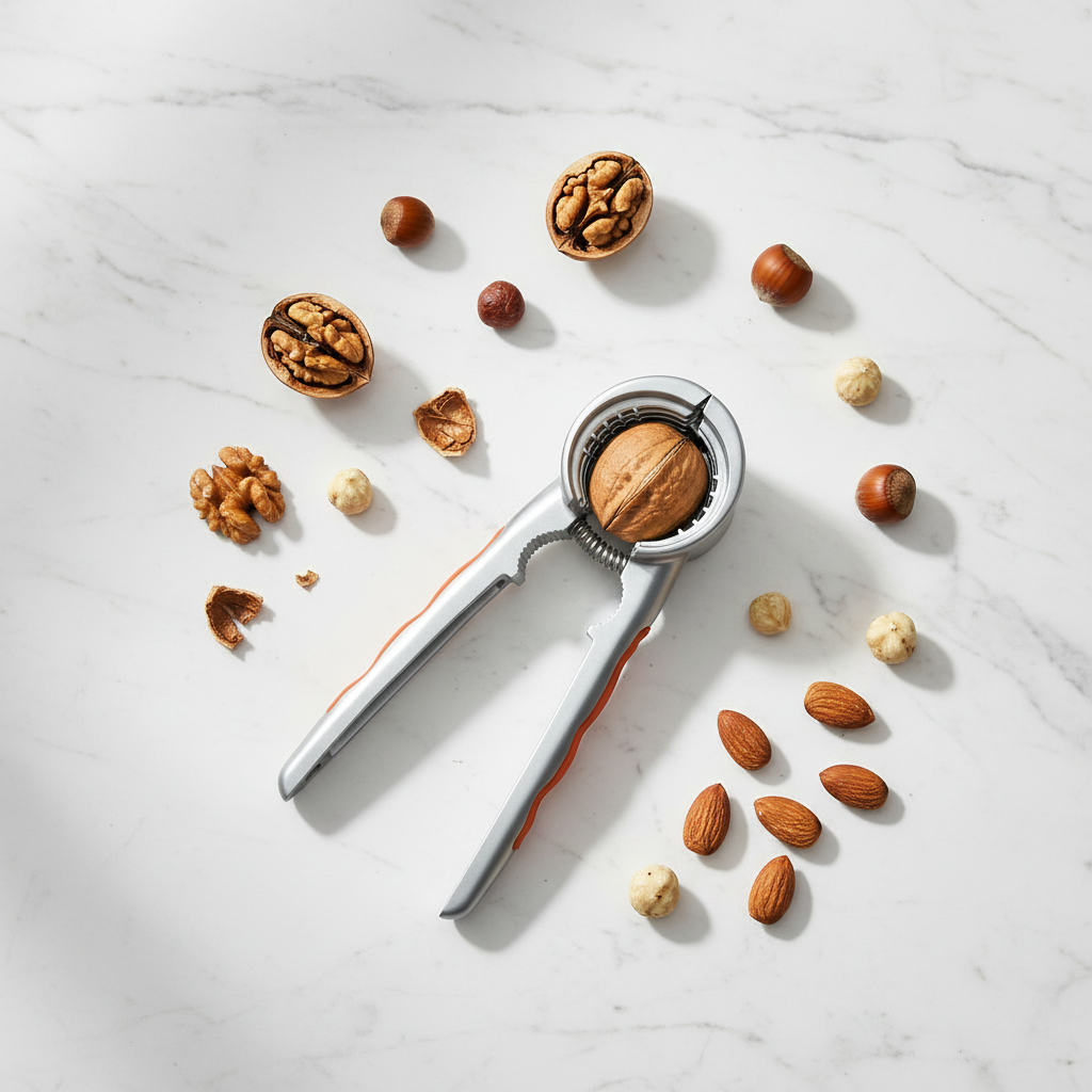 Nussknacker auf dem Tisch liegend, rundherum liegen verschiedene Nüsse.