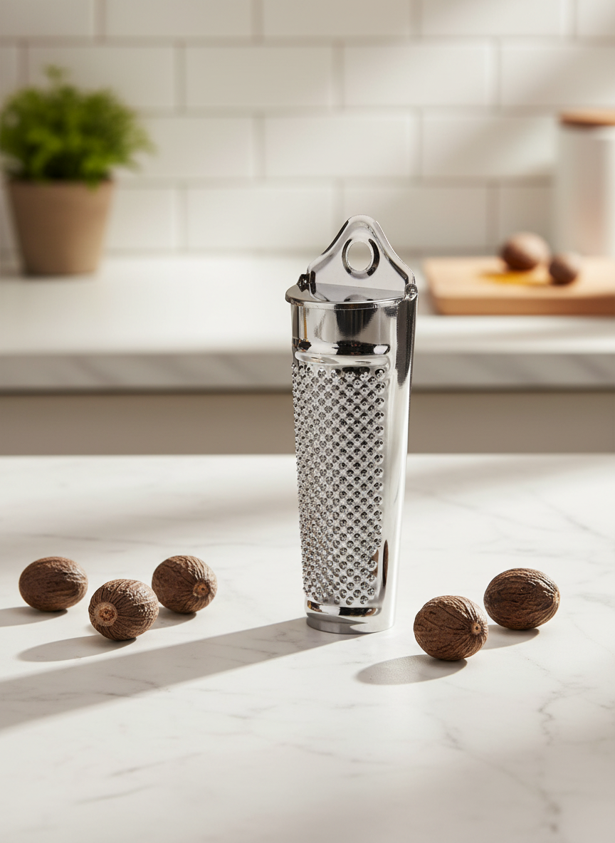 Muskatreibe aufgestellt auf einer Arbeitsplatte. Daneben liegen Muskatnüsse