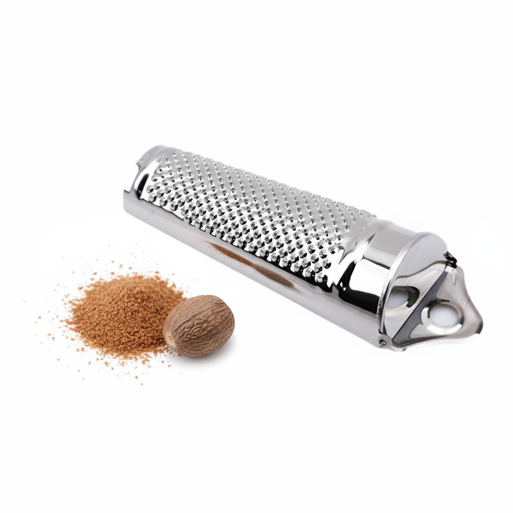 Muskatreibe, daneben liegt eine Muskatnuss, sowie geriebene Muskatnussstücke